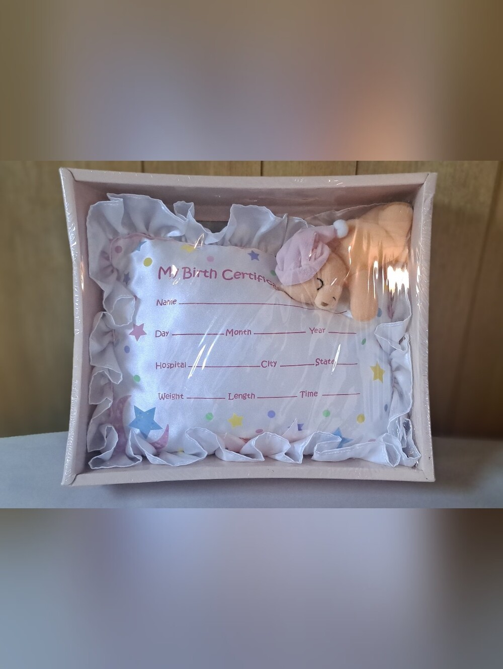 Vintage Plush Keepsake Birth Certificate New Baby Girl Pillow with Teddy Bear